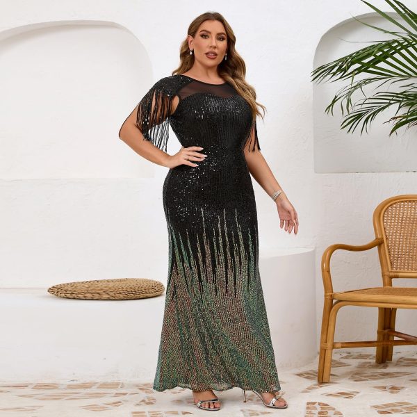 812sRXOoGJL.jpg Sexy Sequin Tassel Mesh Perspective Party Cocktail Bodycon Evening Club Maxi Dress