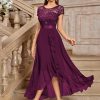 Women's Scoop Neck Sequined Floral Lace Ruffle Wedding Party Long Dress