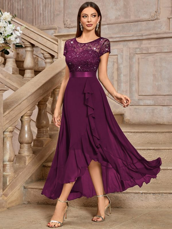 812scqWoqZL.jpg Women's Scoop Neck Sequined Floral Lace Ruffle Wedding Party Long Dress