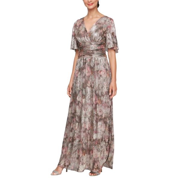 Women's Plus Size Long A-line Gown W/Flutter Sleeves & Ruched Waist, Wedding Guest, Party Dress