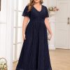 Plus Size Maxi Formal Dress Sparkly V-Neck A-line Ruffle Sleeves Evening Gown Cocktail Prom Glitter