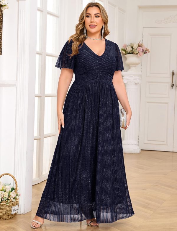 813ZfiPwboL.jpg Plus Size Maxi Formal Dress Sparkly V-Neck A-line Ruffle Sleeves Evening Gown Cocktail Prom Glitter
