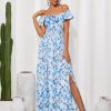 2025 Womens Maxi Dresses Summer Off Shoulder Floral Dress Ruffle Split Beach Flowy Boho Wedding Guest Dress