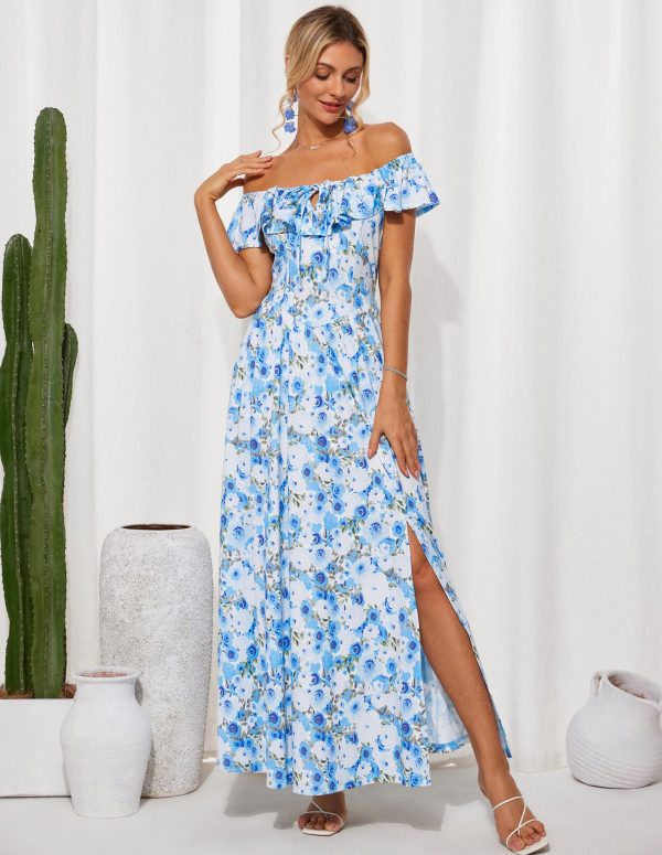 2025 Womens Maxi Dresses Summer Off Shoulder Floral Dress Ruffle Split Beach Flowy Boho Wedding Guest Dress