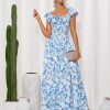 2025 Womens Maxi Dresses Summer Off Shoulder Floral Dress Ruffle Split Beach Flowy Boho Wedding Guest Dress