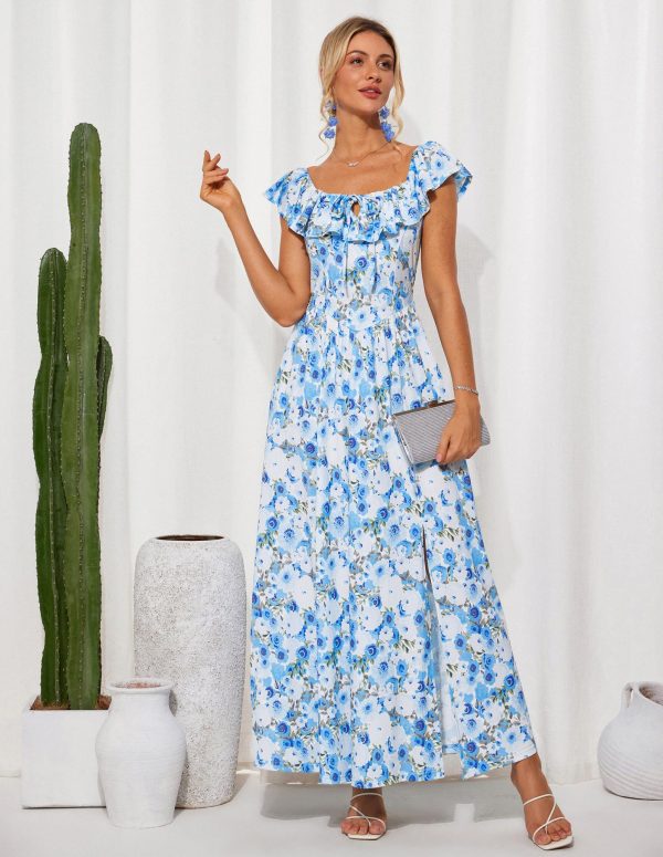 2025 Womens Maxi Dresses Summer Off Shoulder Floral Dress Ruffle Split Beach Flowy Boho Wedding Guest Dress