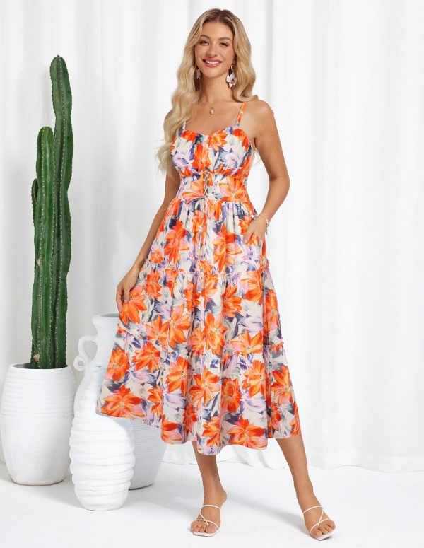 Women's Summer Floral Dress 2025 Spaghetti Strap Smocked Tiered Casual Boho Maxi Long Sundress with Pockets