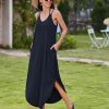 Women's Casual Sundress Summer Maxi Sleeveless V Neck Split Boho Beach Dress Travel Vacation Dress with Pockets