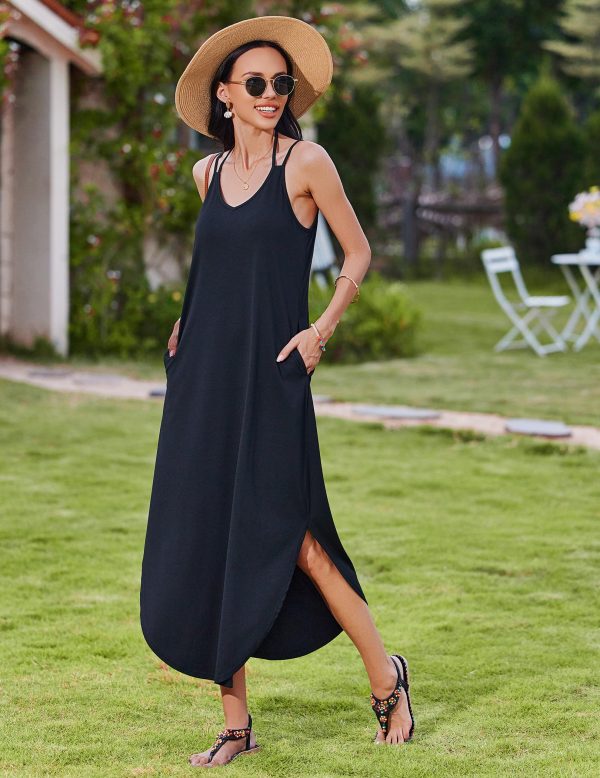 818z270YbXL.jpg Women's Casual Sundress Summer Maxi Sleeveless V Neck Split Boho Beach Dress Travel Vacation Dress with Pockets