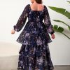 Womens Plus Size Floral Tiered Ruffle Long Sleeve Evening Party Wedding Guest Dress