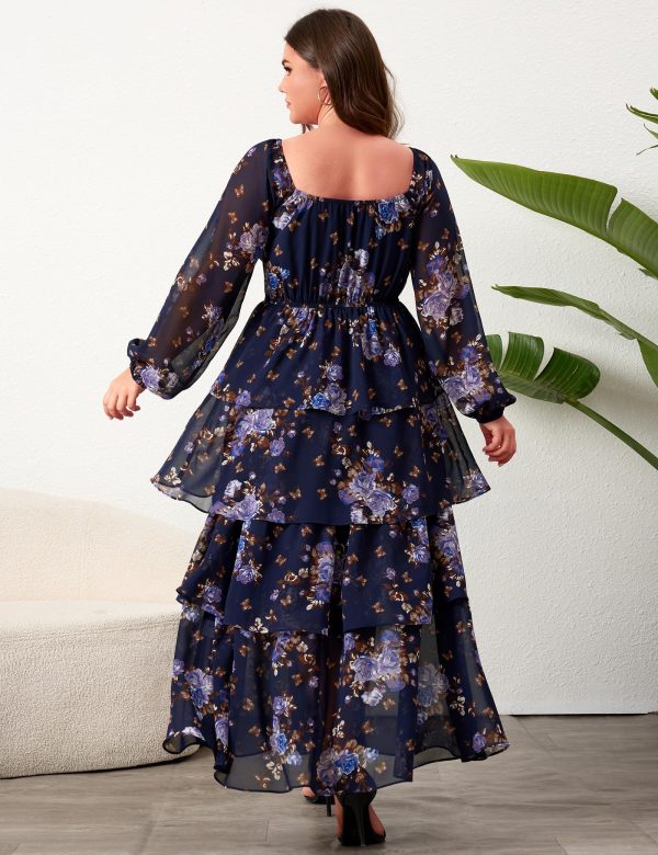819ZW6JZ44L.jpg Womens Plus Size Floral Tiered Ruffle Long Sleeve Evening Party Wedding Guest Dress
