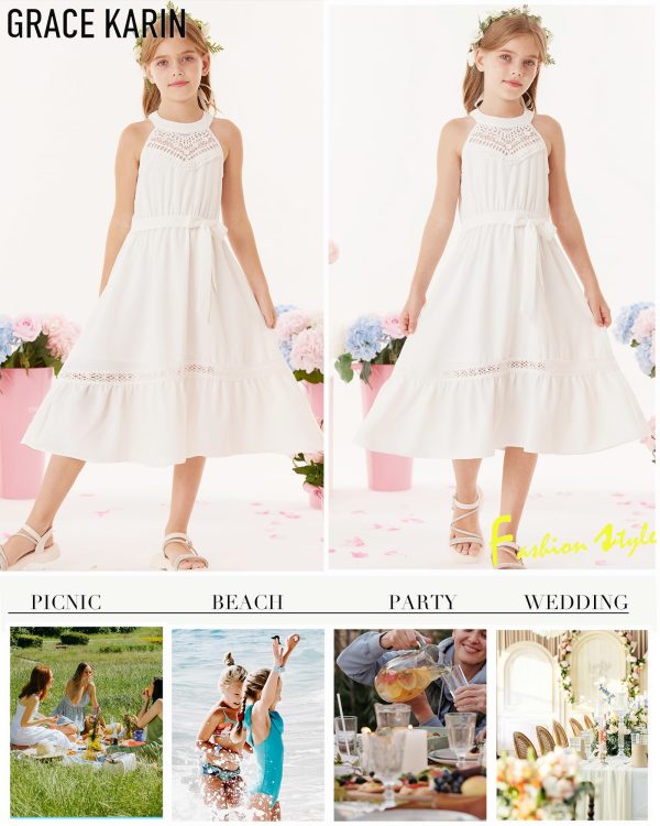81A2KYGtp9L.jpg Girls Dresses Summer Spring Halter Maxi Dress Kids Ruffle Casual Flower Pleated Sun Dress Size 5-14