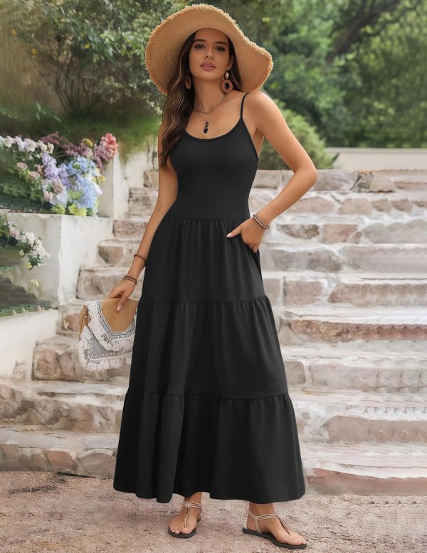 Womens Summer Long Dress Adjustable Spaghetti Strap Floral Casual Dress with Pockets Flowy Tiered Beach Sundress