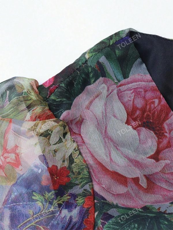 81CmDzq9h0L.jpg Summer Casual Dresses for Women 2024 Spring Fashion Boho V Neck Long Sleeve Ruffle Floral Print Elegant Maxi Dress