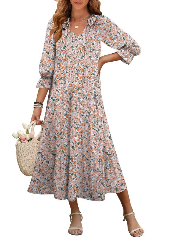 Women's Boho Maxi Dresses 2025 Summer Casual V Neck Puff Sleeve Floral Tiered Flowy Swing Beach Vacation Long Dress
