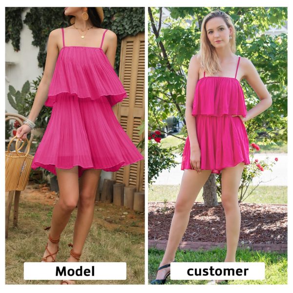 81EOAKwmyLL.jpg Womens 2025 Summer Romper Dress Spaghetti Strap Pleated Beach Vacation Outfit Fashion Cruise Short Jumpsuit Outfits