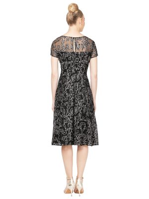 Women's Tea Length Cap Sleeve Illusion Neckline Embroidered Lace Dress