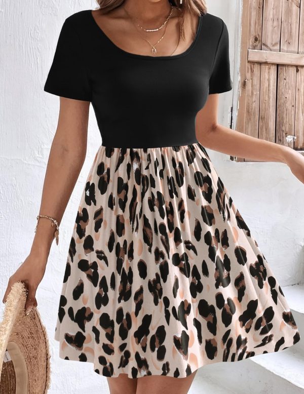 81GqB9CMxXL.jpg Womens Casual Dress Floral Patchwork Summer Dress Square Neck Short Sleeve A Line Flowy Swing Mini Dress with Pockets