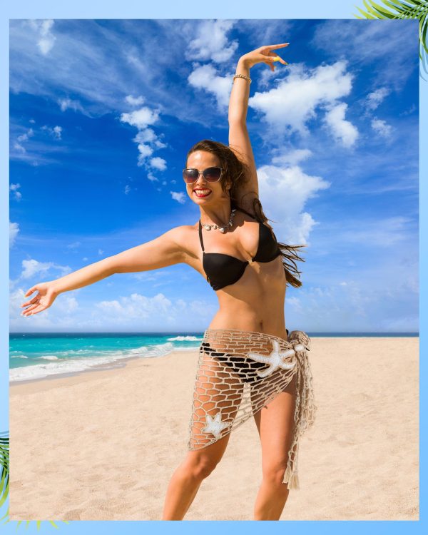 Women Crochet Cover up Skirt Hollow Out Triangle Shawl Wrap Mermaid Sarong Fishnet Swimwear Starfish Beach Skirt