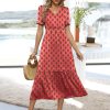 Women 2025 Summer Boho Maxi Dresses Floral Short Sleeve V Neck Elastic Waist Tiered Flowy Long Beach Vacation Dress