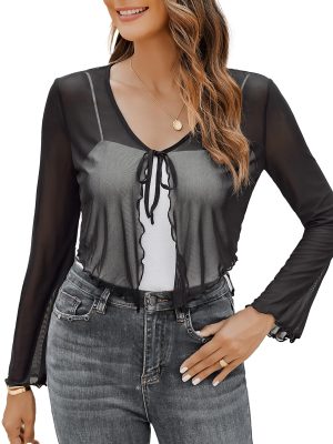 Womens Sheer Shrug Tie Front Long Bell Sleeve Mesh Bolero Lightweight Summer Casual Short Shawl Top