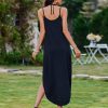 Women's Casual Sundress Summer Maxi Sleeveless V Neck Split Boho Beach Dress Travel Vacation Dress with Pockets