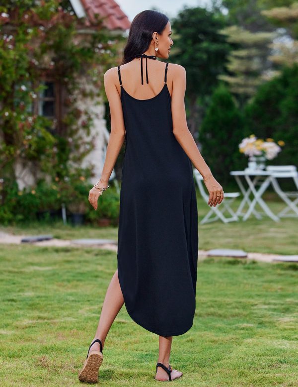 81JF0Cl3qHL.jpg Women's Casual Sundress Summer Maxi Sleeveless V Neck Split Boho Beach Dress Travel Vacation Dress with Pockets
