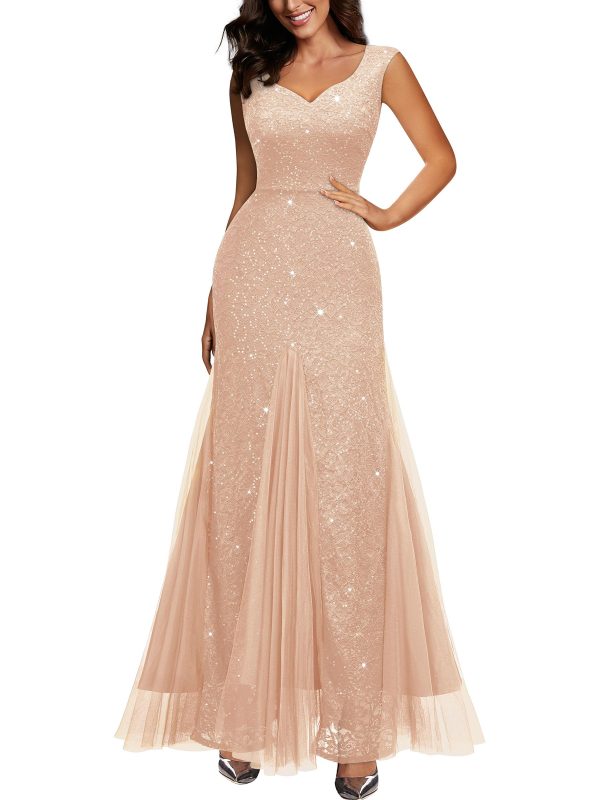 81LYt9cUdtL.jpg Women's Elegant V Neck Sleeveless Sequin Lace Evening Party Dress