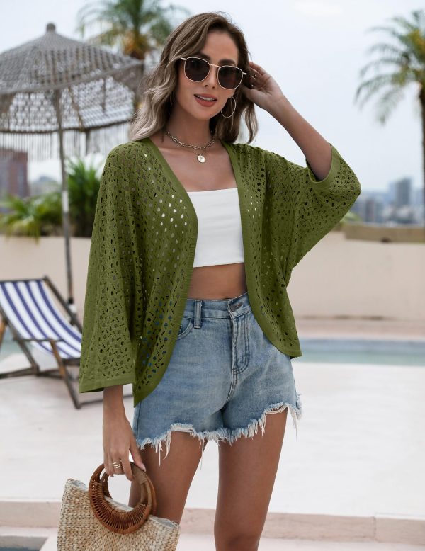 81M1T9Fs6rL.jpg Womens Summer Crochet Cardigan Sweaters Lightweight Open Front 3/4 Sleeve Batwing Kimono Boho Knit Cover Ups 2025