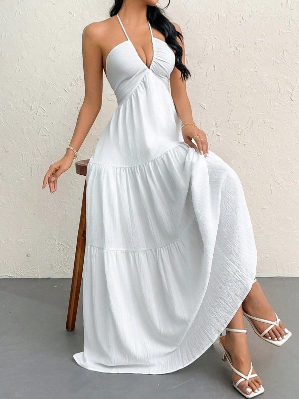 81MD9WNJyeL.jpg Women's Maxi Summer Dresses Halter V Neck Beach Dresses for Women A-Line Casual Dress for Vacation