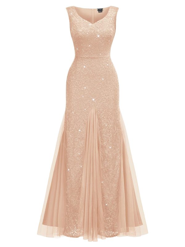 81NGsAFbaQL.jpg Women's Elegant V Neck Sleeveless Sequin Lace Evening Party Dress
