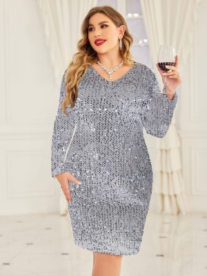 Womens Sequin Dress Plus Size V Neck Party Cocktail Dresses