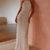 Flowy Boho Beach Dress for Women Halter Backless Smocked Vacation Long Dress Sexy Off Shoulder Resort Maxi Sundress
