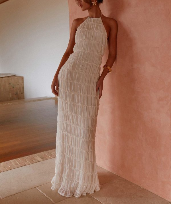 81OeyQxF1UL.jpg Flowy Boho Beach Dress for Women Halter Backless Smocked Vacation Long Dress Sexy Off Shoulder Resort Maxi Sundress