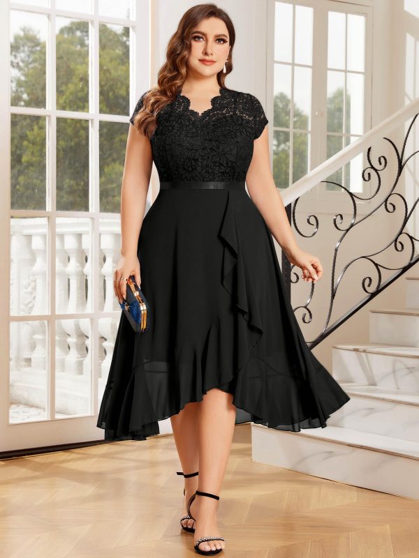 81PBw34VoFL.jpg Women's Plus Size V Neck Elegant Floral Lace Ruffle Bridesmaid Maxi Dress