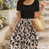 Womens Casual Dress Floral Patchwork Summer Dress Square Neck Short Sleeve A Line Flowy Swing Mini Dress with Pockets