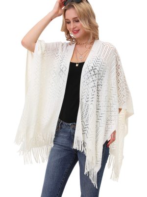 Knit Shawl Wrap for Women - Soul Young Ladies Fringe Knitted Poncho Blanket Cardigan Cape(One Size,Cream White)