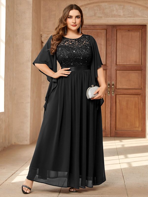 81S2xQJ0BIL.jpg Women's Plus Size Sequin Lace with Ruffle Cape Cloak Sleeves Elegant Evening Wedding Party Maxi Dress