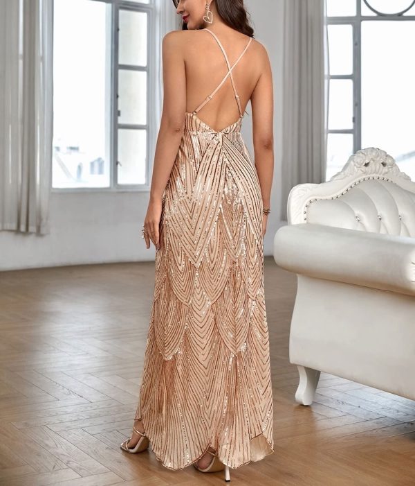 81SF8jVSmHL.jpg Women's V Neck Spaghetti Straps Sequin Sparkly Glitter Irregular Hem Prom Dress Bcakless Maxi Evening Gowns