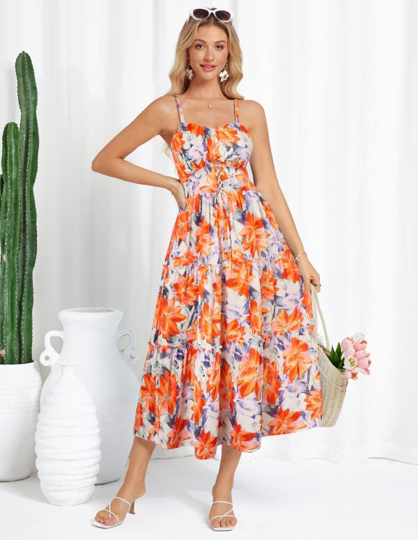 Women's Summer Floral Dress 2025 Spaghetti Strap Smocked Tiered Casual Boho Maxi Long Sundress with Pockets