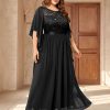 Women's Plus Size Sequin Lace with Ruffle Cape Cloak Sleeves Elegant Evening Wedding Party Maxi Dress