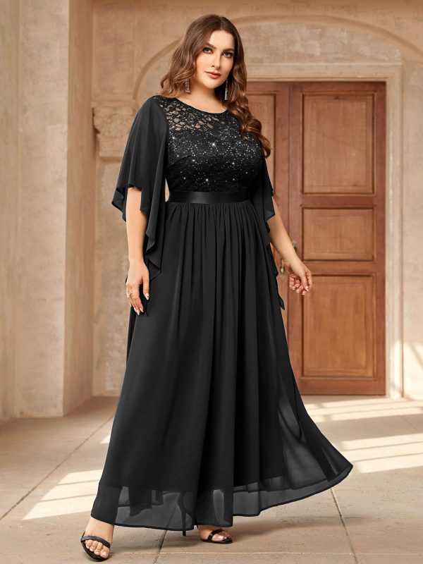 81SjMtqymxL.jpg Women's Plus Size Sequin Lace with Ruffle Cape Cloak Sleeves Elegant Evening Wedding Party Maxi Dress