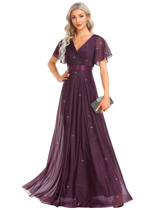 Womens Evening Dresses V Neck Short Sleeves A-line Glitter Formal Dresses 50159