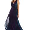 Long Sleeveless Sculpt Waist Iridescent Mesh Dress W/V-Neckline