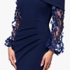 Women's Long Flower Ilusion Sleeve Off-The-Shoulder Scuba Crepe Gown
