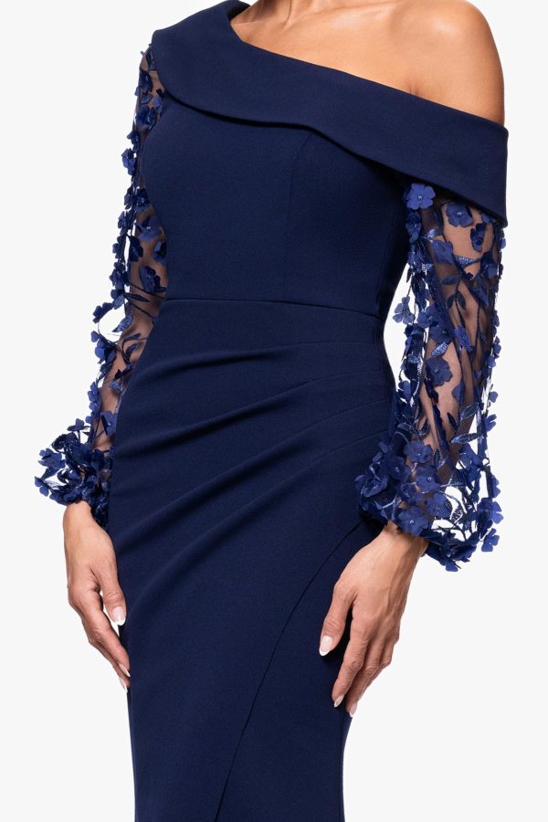 Women's Long Flower Ilusion Sleeve Off-The-Shoulder Scuba Crepe Gown