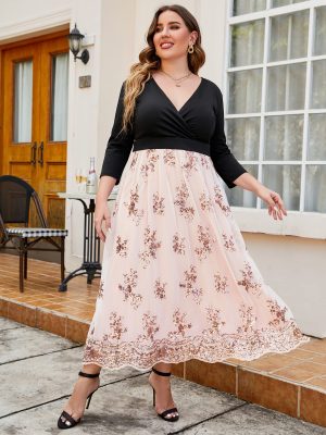 Women's Plus Size Sequin 3/4 Sleeves Evening Gown Party Long Maxi Dress