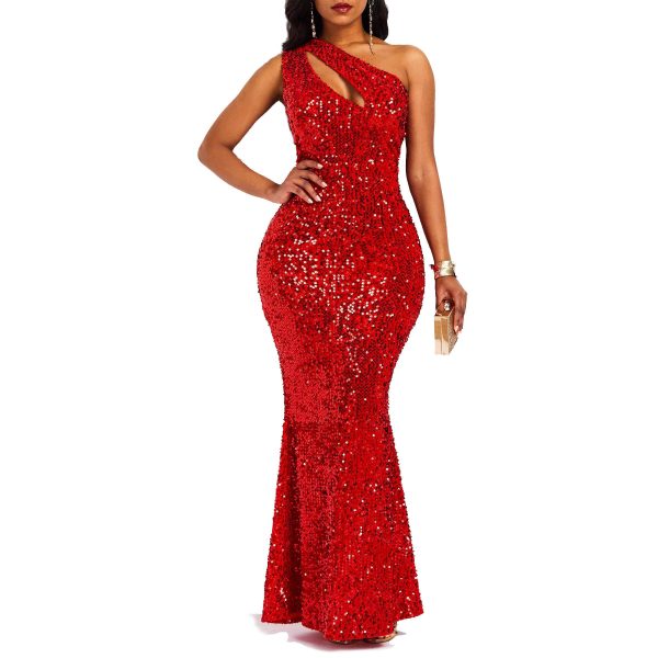 81UBXsgZ9gL.jpg Sequins Fashion Sleeveless Oblique Collar Mermaid Women's Maxi Dress Bodycon Dress Party Dress