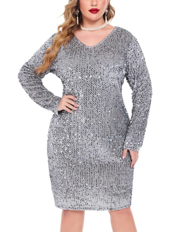 Womens Sequin Dress Plus Size V Neck Party Cocktail Dresses