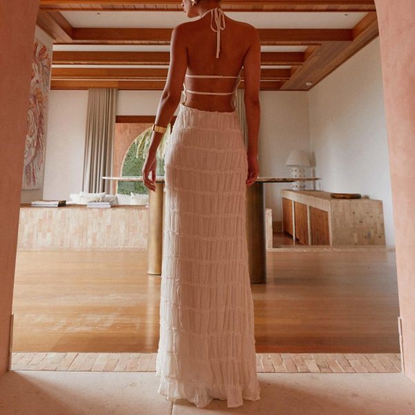 81UhWVJQt7L.jpg Flowy Boho Beach Dress for Women Halter Backless Smocked Vacation Long Dress Sexy Off Shoulder Resort Maxi Sundress